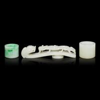 Two Chinese Jade and Jadeite Archer's Rings and a Jade 'Dragon' Belt Hook, Qing Dynasty 清 白玉、翡翠扳指及龍鈎一組三件