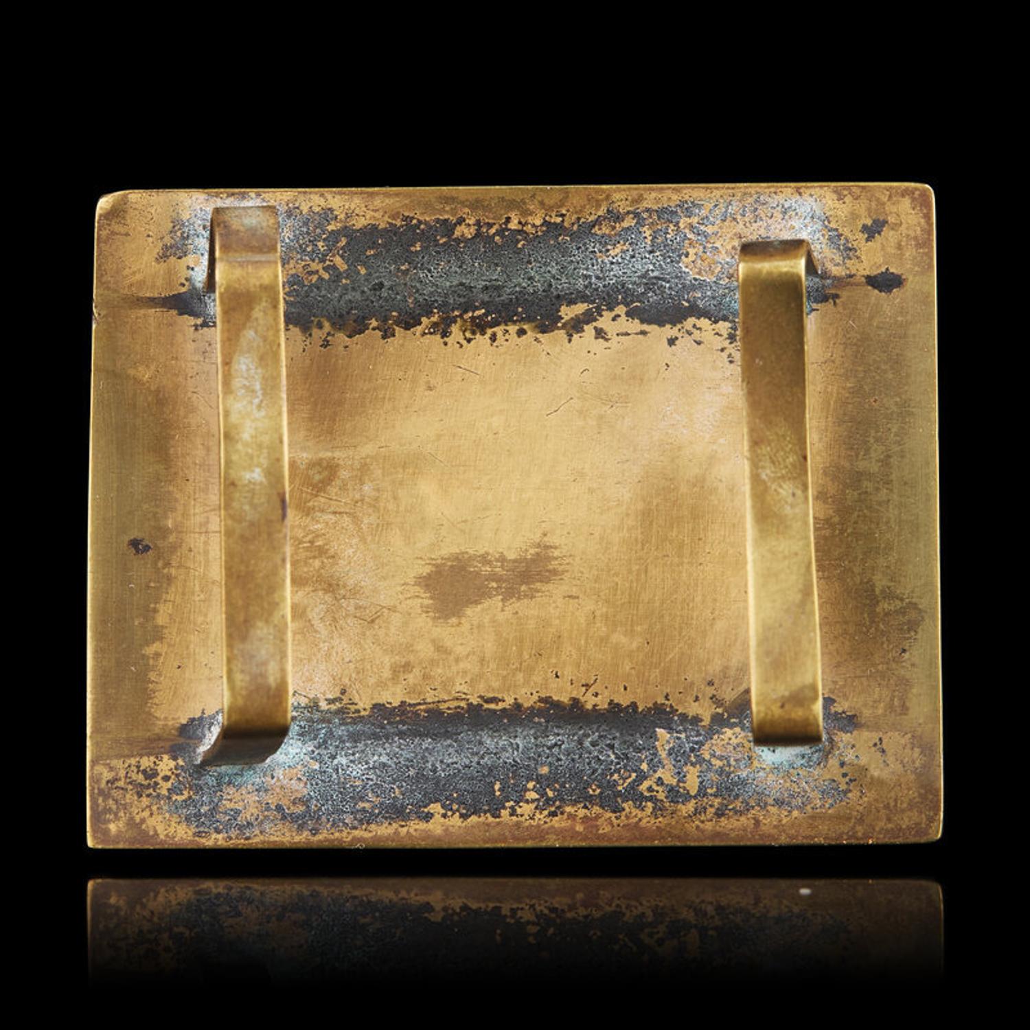 A Chinese Jade Inset Metal Mounted Buckle, Ming-Qing Dynasty 明-清 白玉穿花龍紋帶板