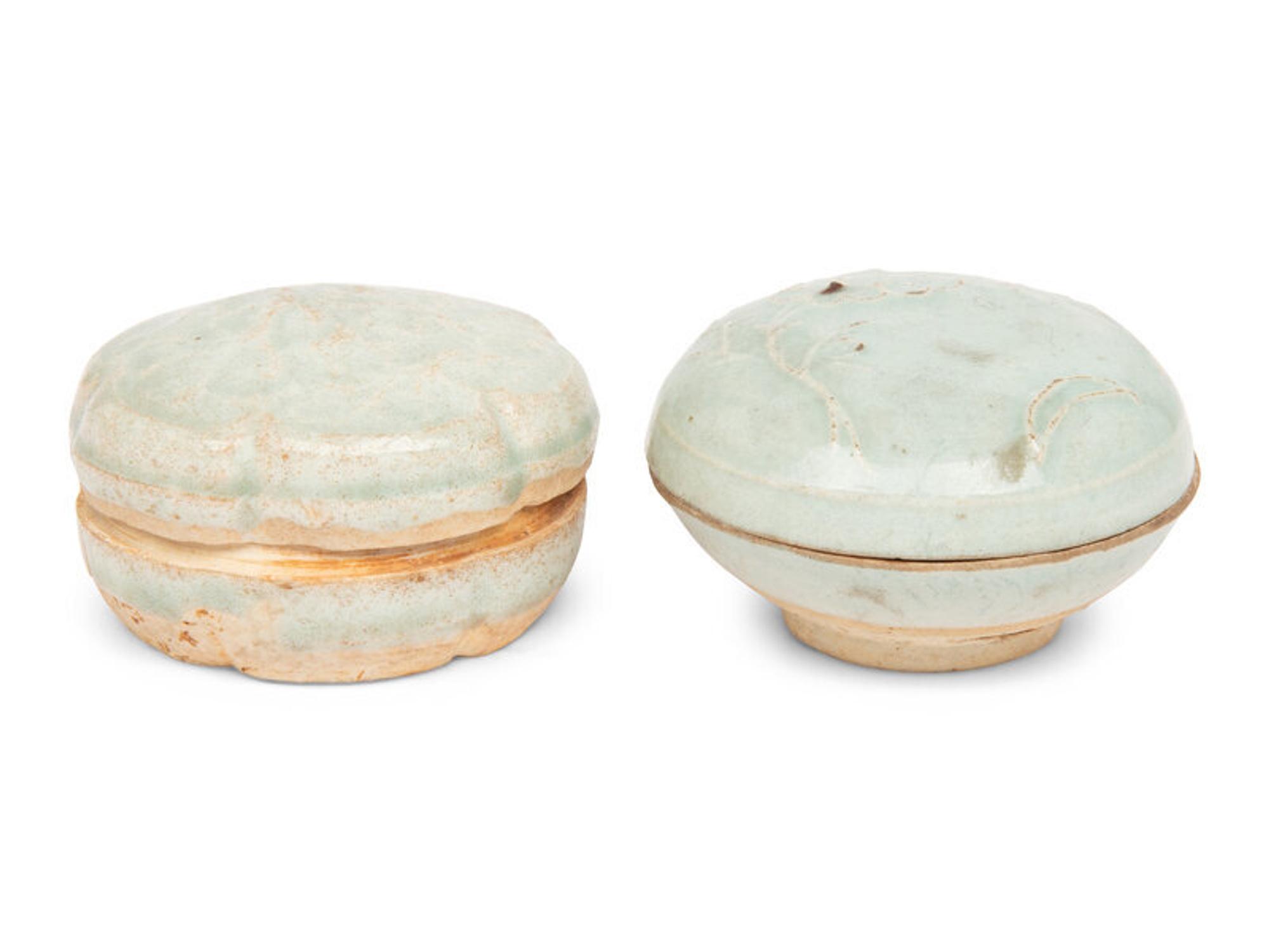 Two Chinese Molded Qingbai Glazed Small Boxes, Southern Song to Yuan Dynasty 南宋-元 青白釉模印蓋盒兩枚