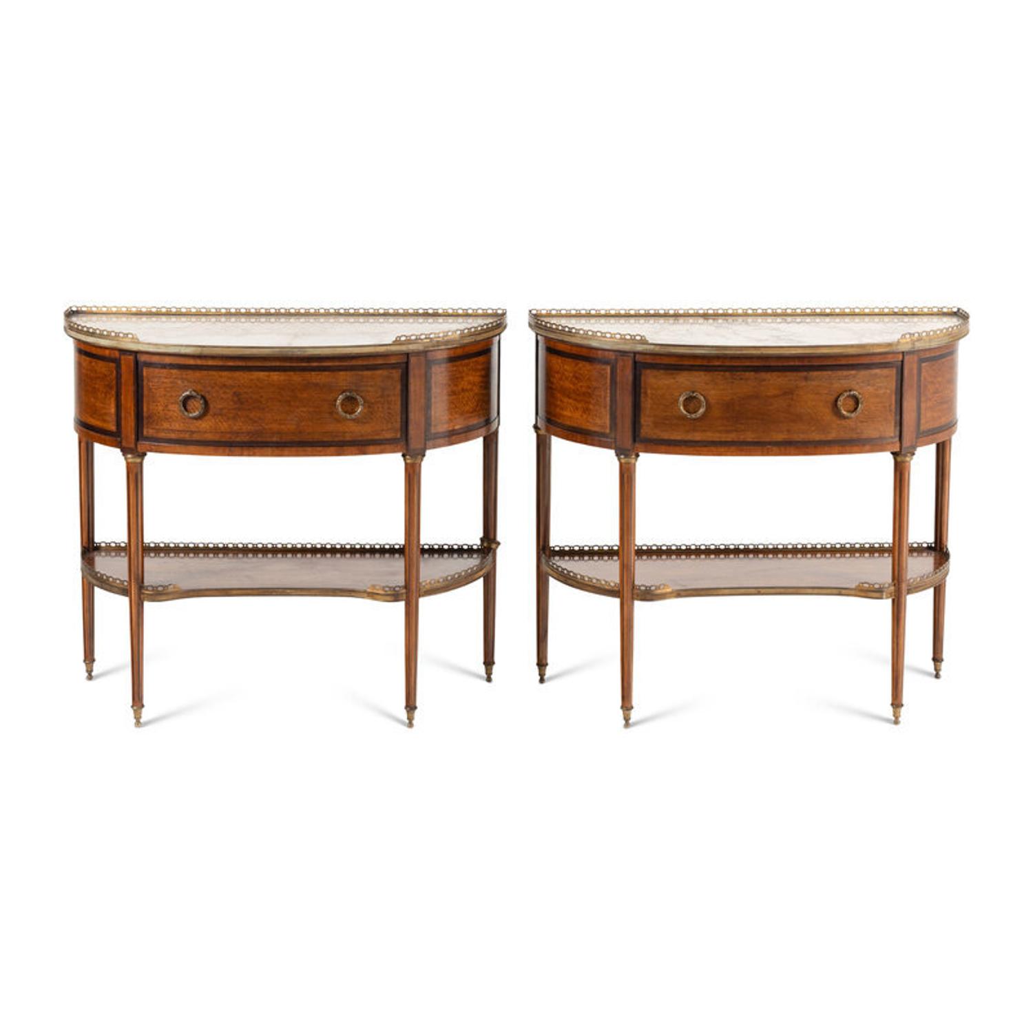 A Pair of Louis XVI Style Satinwood, Gilt Bronze Mounted and Marble-Top Console Tables