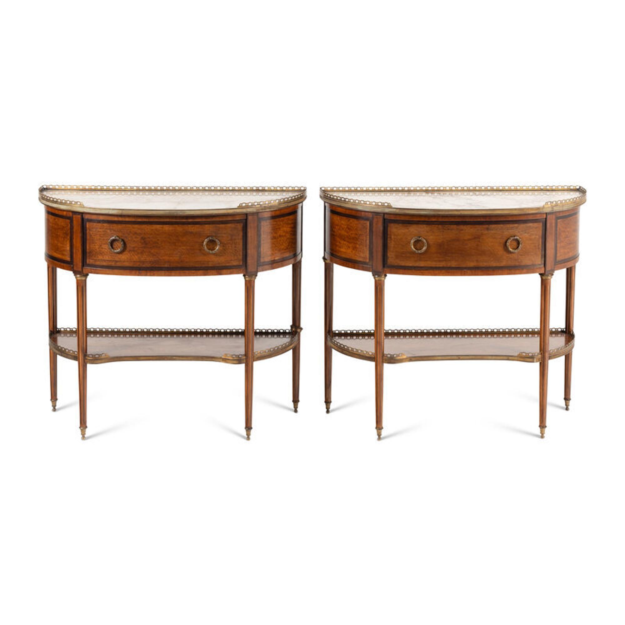 A Pair of Louis XVI Style Satinwood, Gilt Bronze Mounted and Marble-Top Console Tables