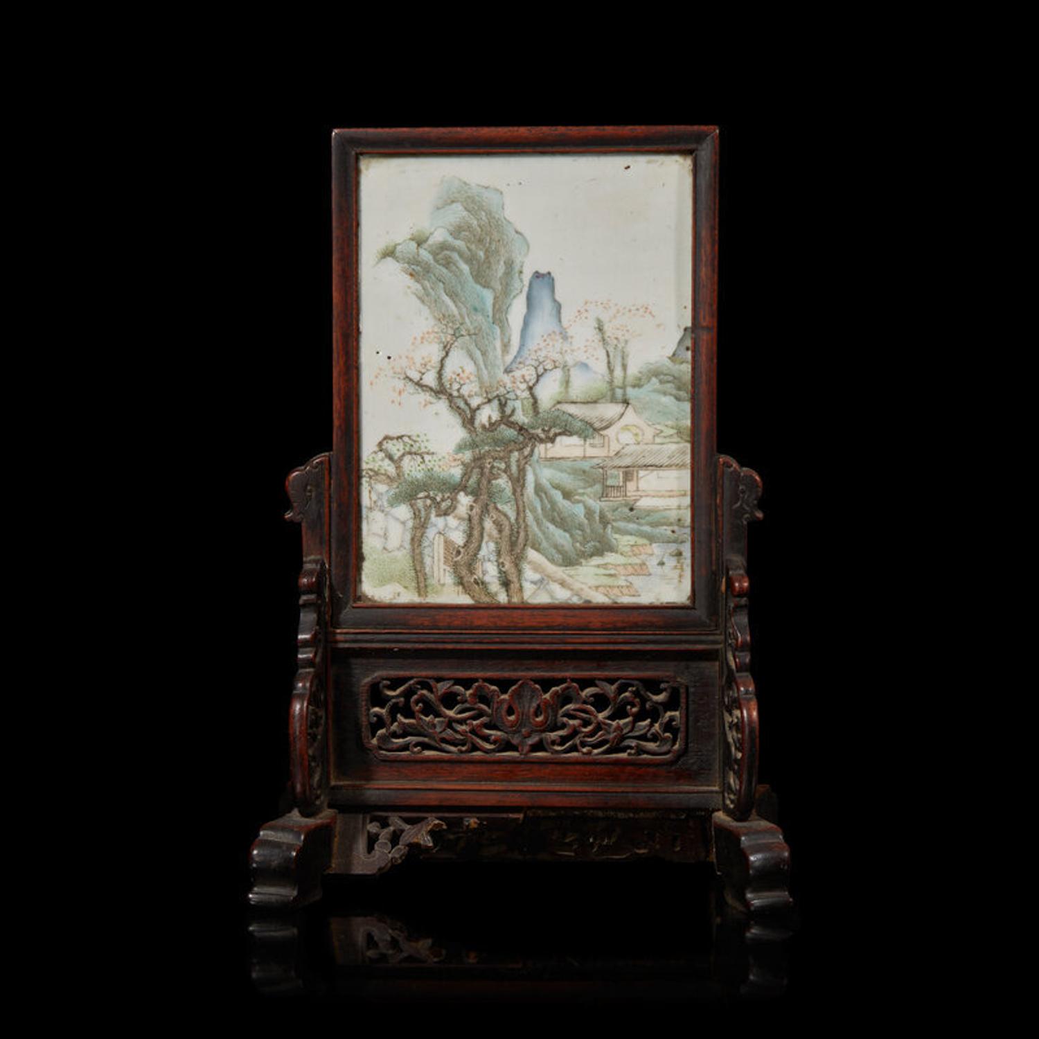 A Chinese Enameled Porcelain ' Landscape' and Carved Wood Table Screen, 19th Century 清晚期 硬木嵌粉彩山水圖插屏