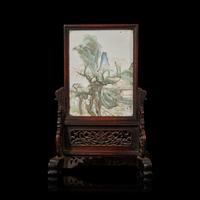 A Chinese Enameled Porcelain ' Landscape' and Carved Wood Table Screen, 19th Century 清晚期 硬木嵌粉彩山水圖插屏