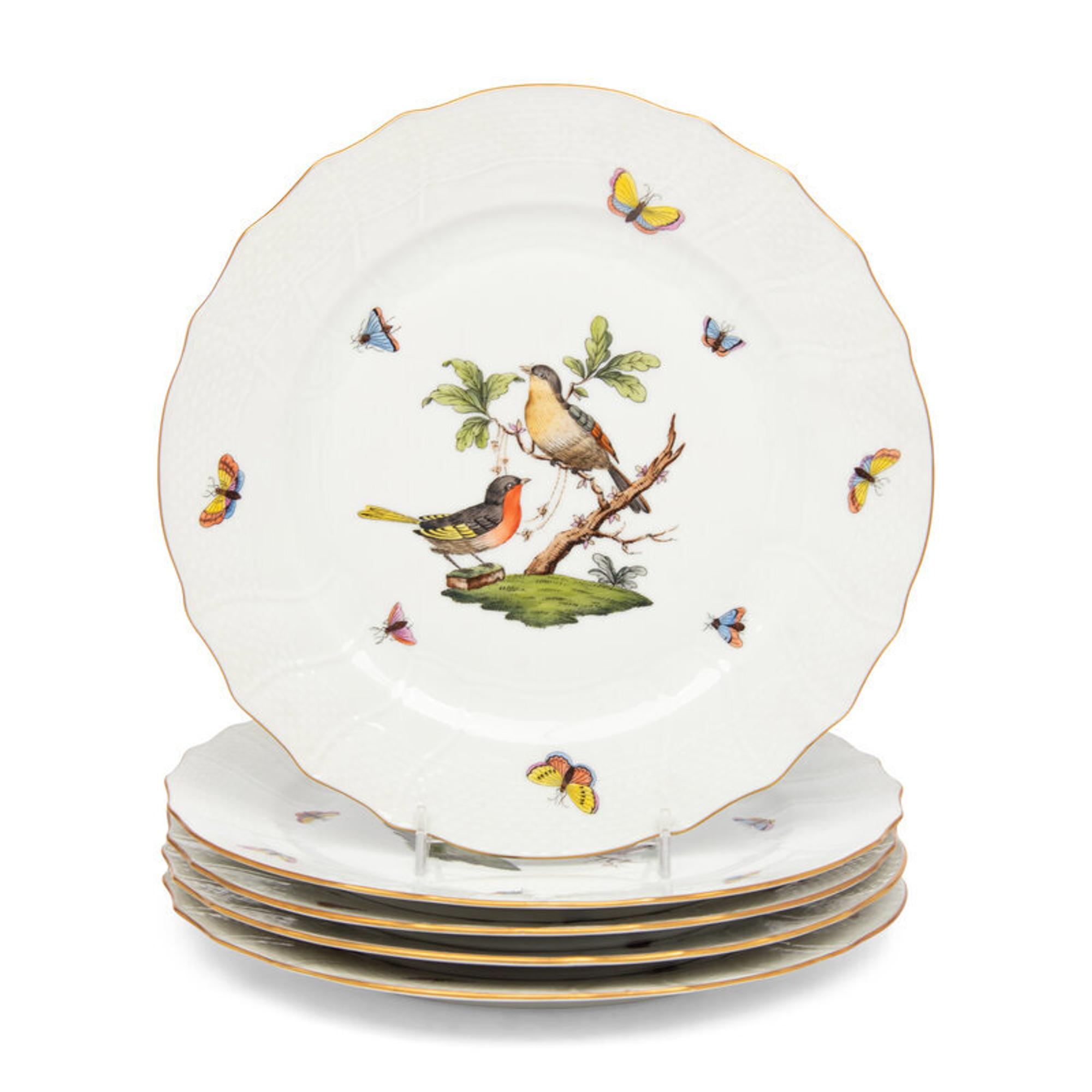 A Set of Five Herend Rothschild Bird Porcelain Dinner Plates