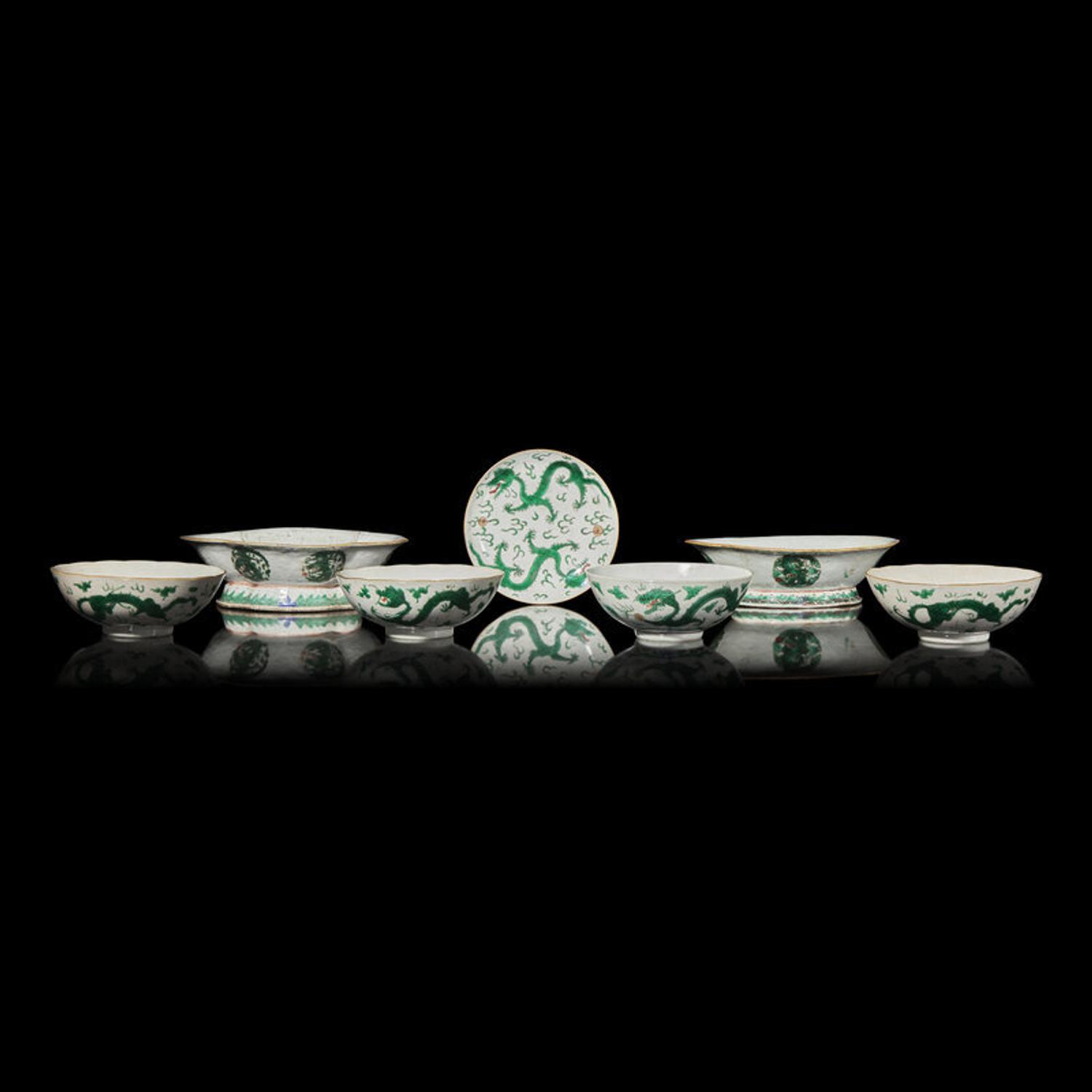 Seven Chinese Green Enameled Porcelain 'Dragon' Wares 綠彩龍紋瓷一組七件