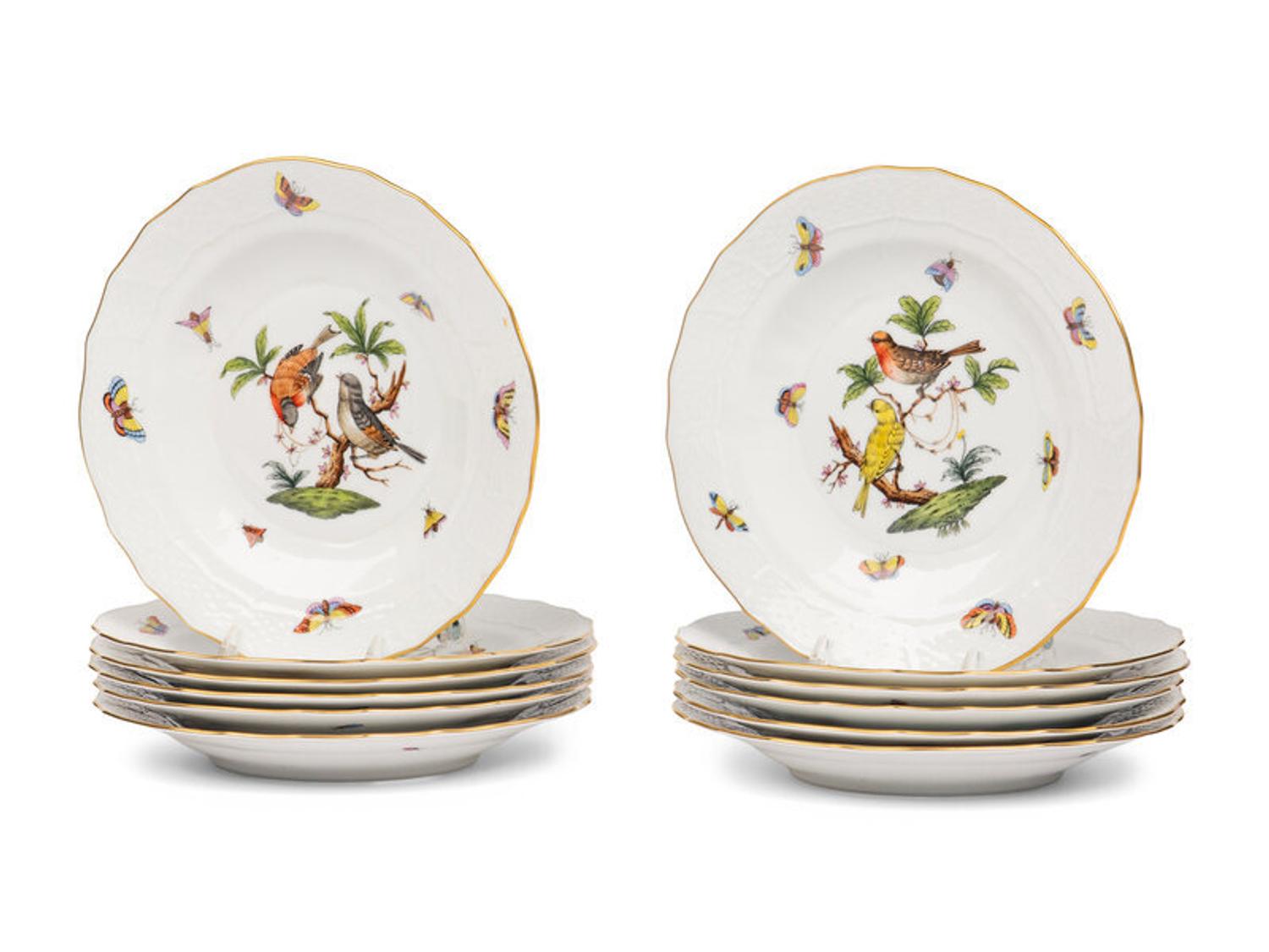 A Set of Twelve Herend Rothschild Bird Porcelain Dessert Plates