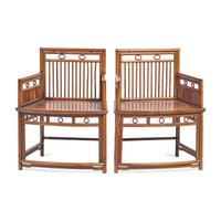 A Pair of Chinese Ming-Style Huanghuali and Mixed Wood Low Back Armchairs, Meiguiyi, 20th Century with Antique Elements 近代 黃花梨梳背式玫瑰椅一對