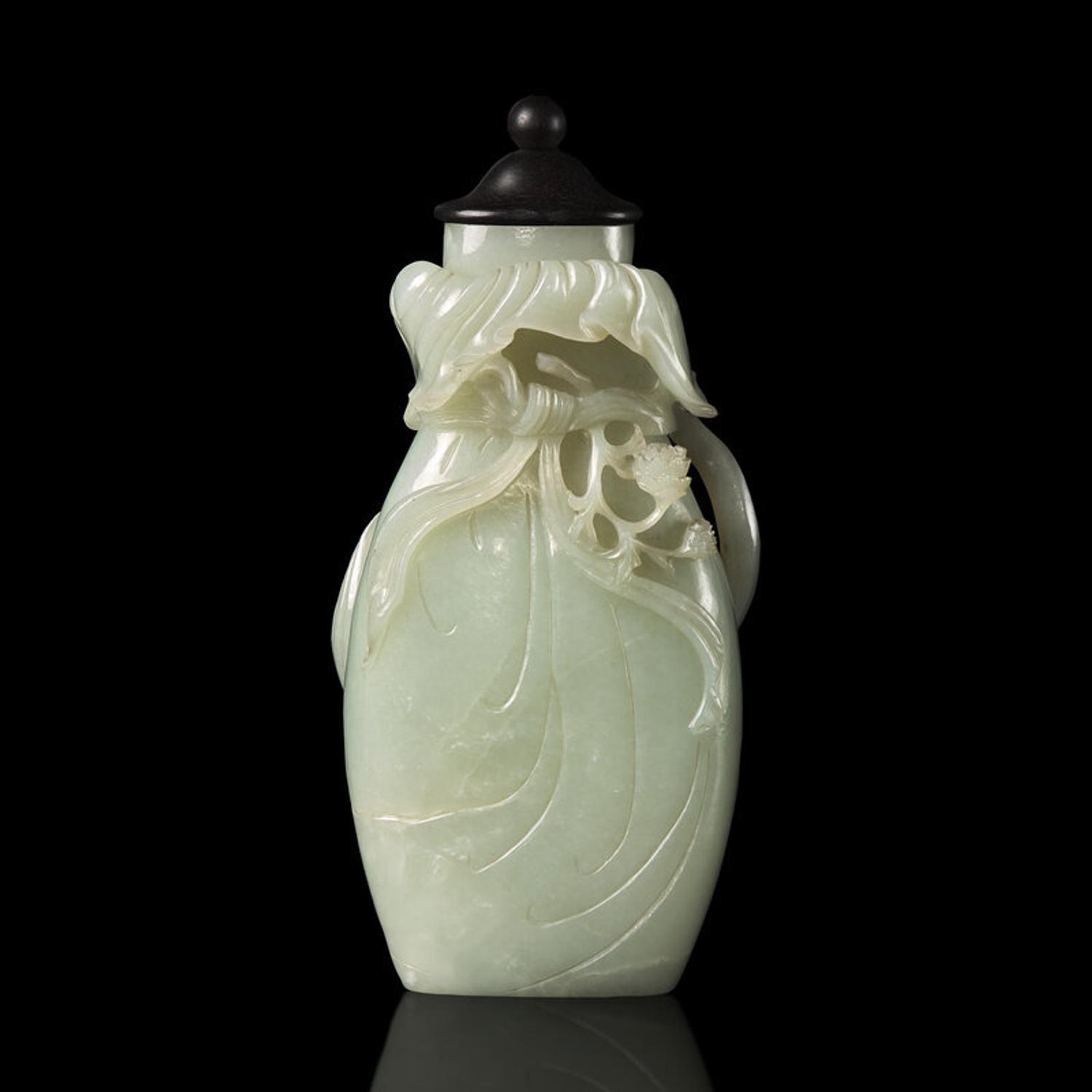 A Chinese Celadon Jade Bag-Form Vase with Later Cover, Qing Dynasty 清 青白玉包袱瓶