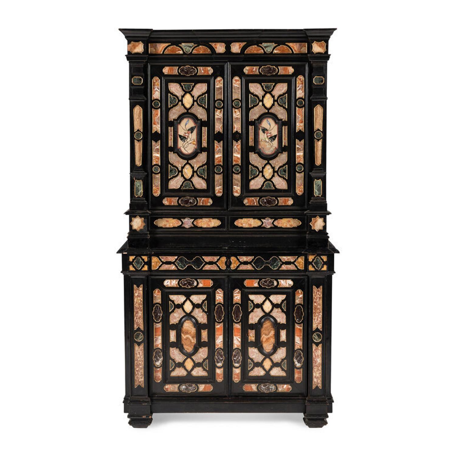 An Italian Baroque Style Ebonized, Specimen Marble-Inset and Parcel Gilt Collector's Cabinet