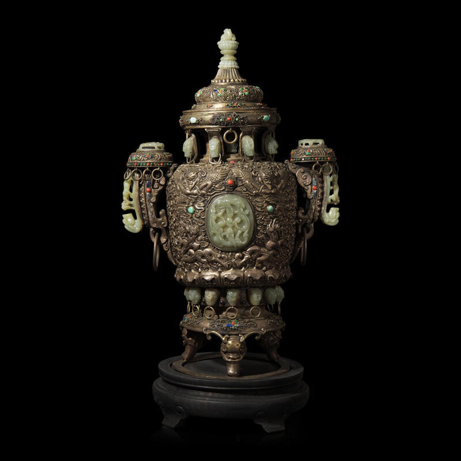 A Mongolian Jade Inset Silver Incense Burner 蒙古式銀 嵌玉 香爐