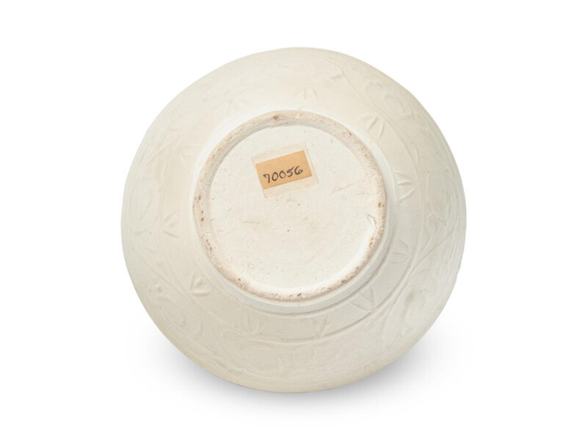 A Chinese White Glazed Molded Whiteware Jar, Possibly Fujian, Yuan to Ming Dynasty 或爲元-明 白釉模印卷草紋三系罐