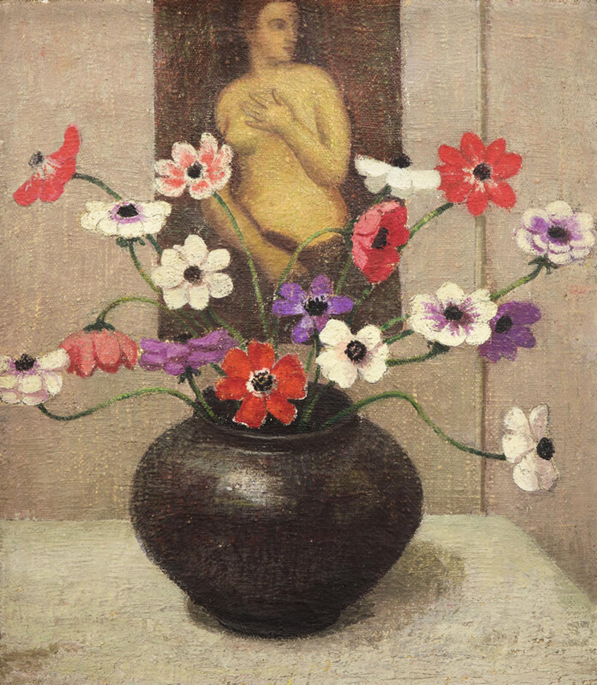 Emma Fordyce MacRae (American, 1887-1974) — Anemonies in Black Base with Titian's Venus , 1928