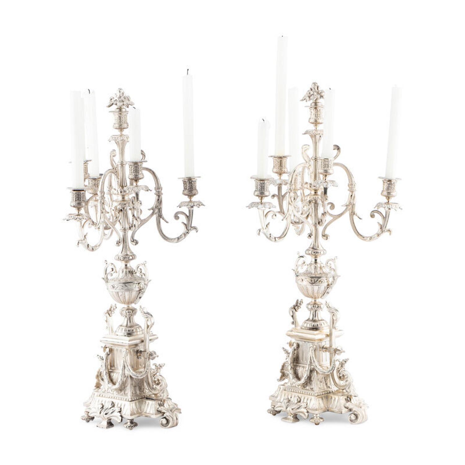 A Pair of Napoleon III Silvered Bronze Six-Light Candelabra