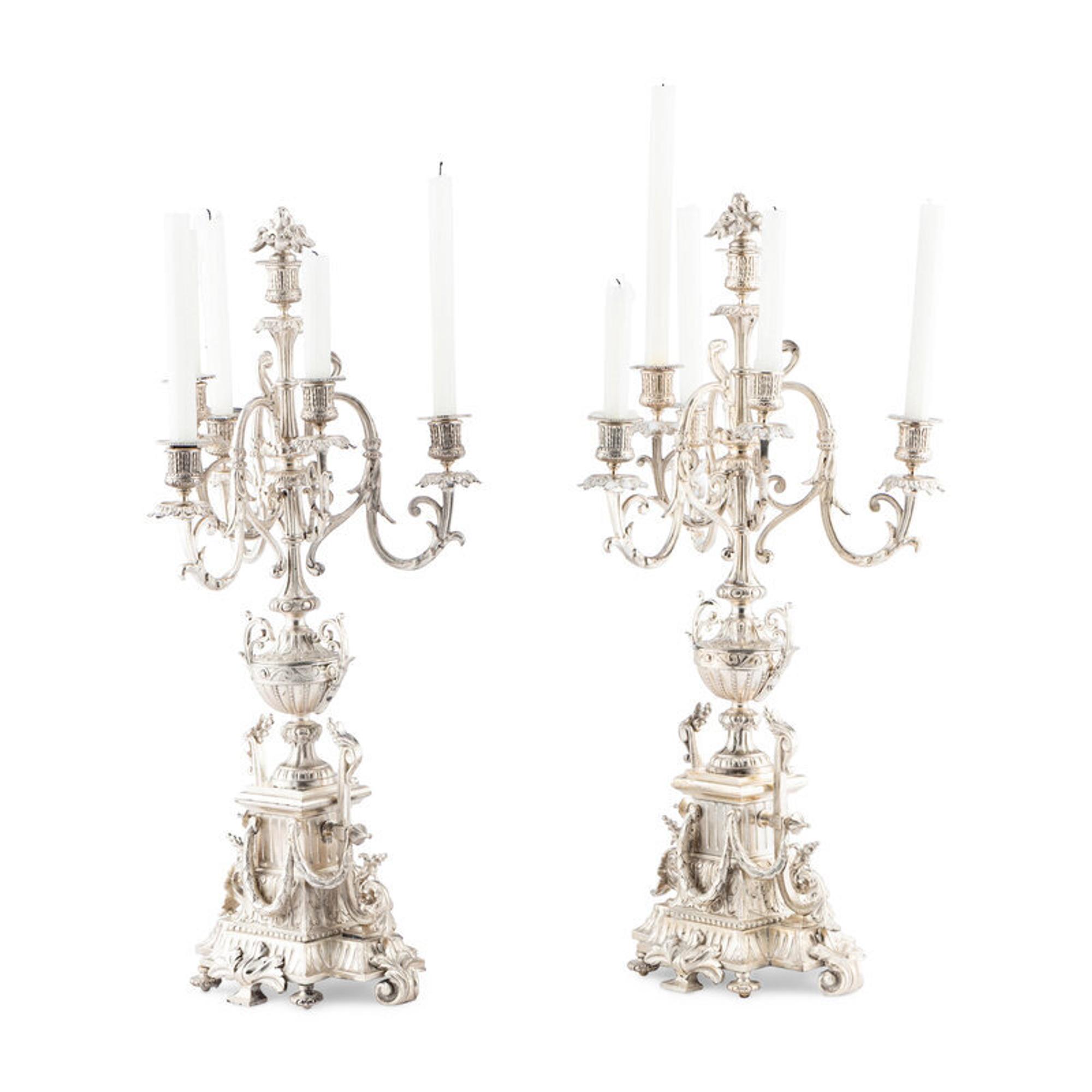 A Pair of Napoleon III Silvered Bronze Six-Light Candelabra