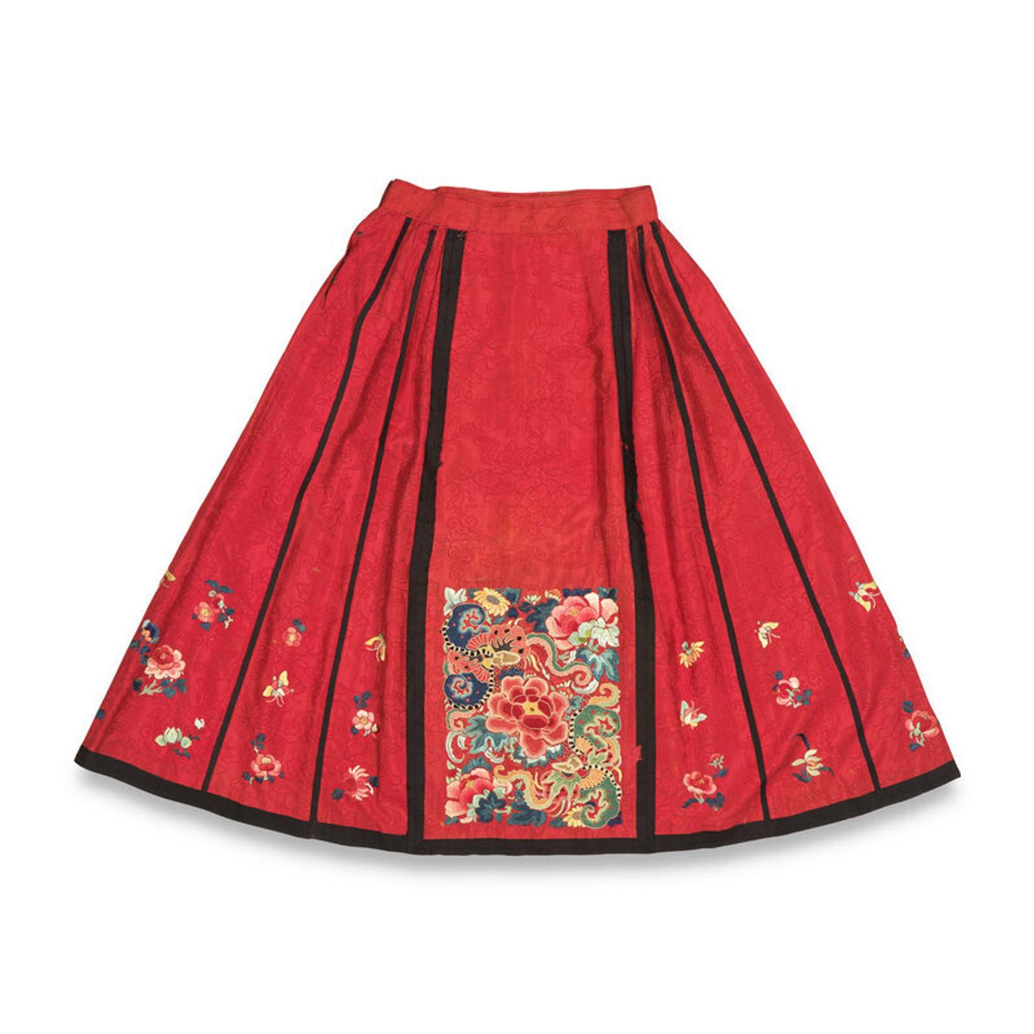 Two Chinese Silk 'Apron' Skirts and a Set of Skirt Ornament, 19th-Early 20th Century 馬面裙兩件及群飾一套