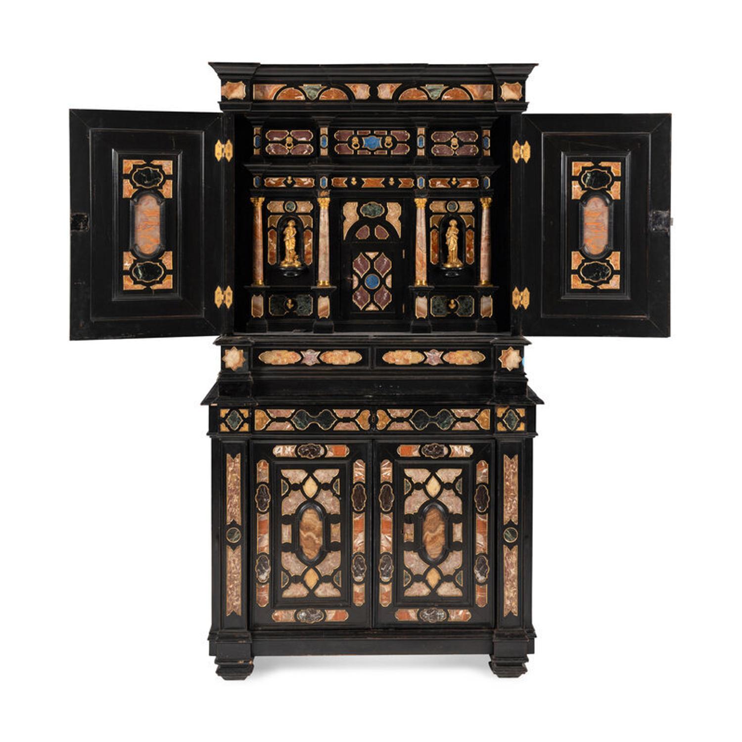 An Italian Baroque Style Ebonized, Specimen Marble-Inset and Parcel Gilt Collector's Cabinet