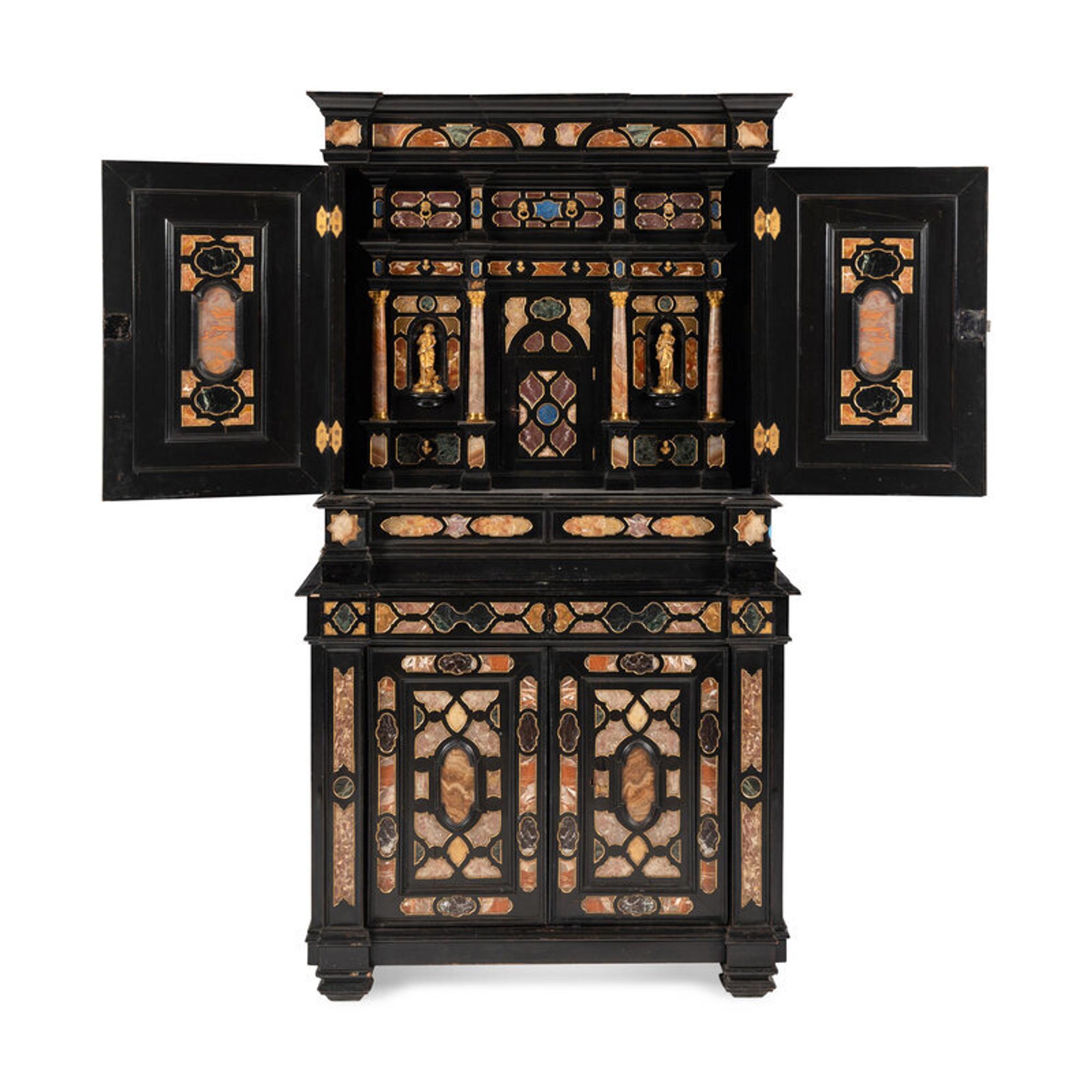 An Italian Baroque Style Ebonized, Specimen Marble-Inset and Parcel Gilt Collector's Cabinet