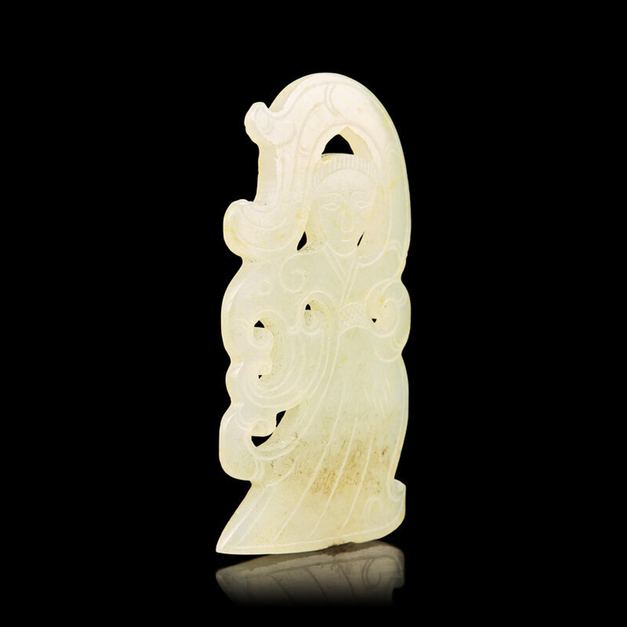 A Rare Chinese White Jade Dancing Figural Pendant, Western Han Dynasty 西漢 雙面白玉舞人珮
