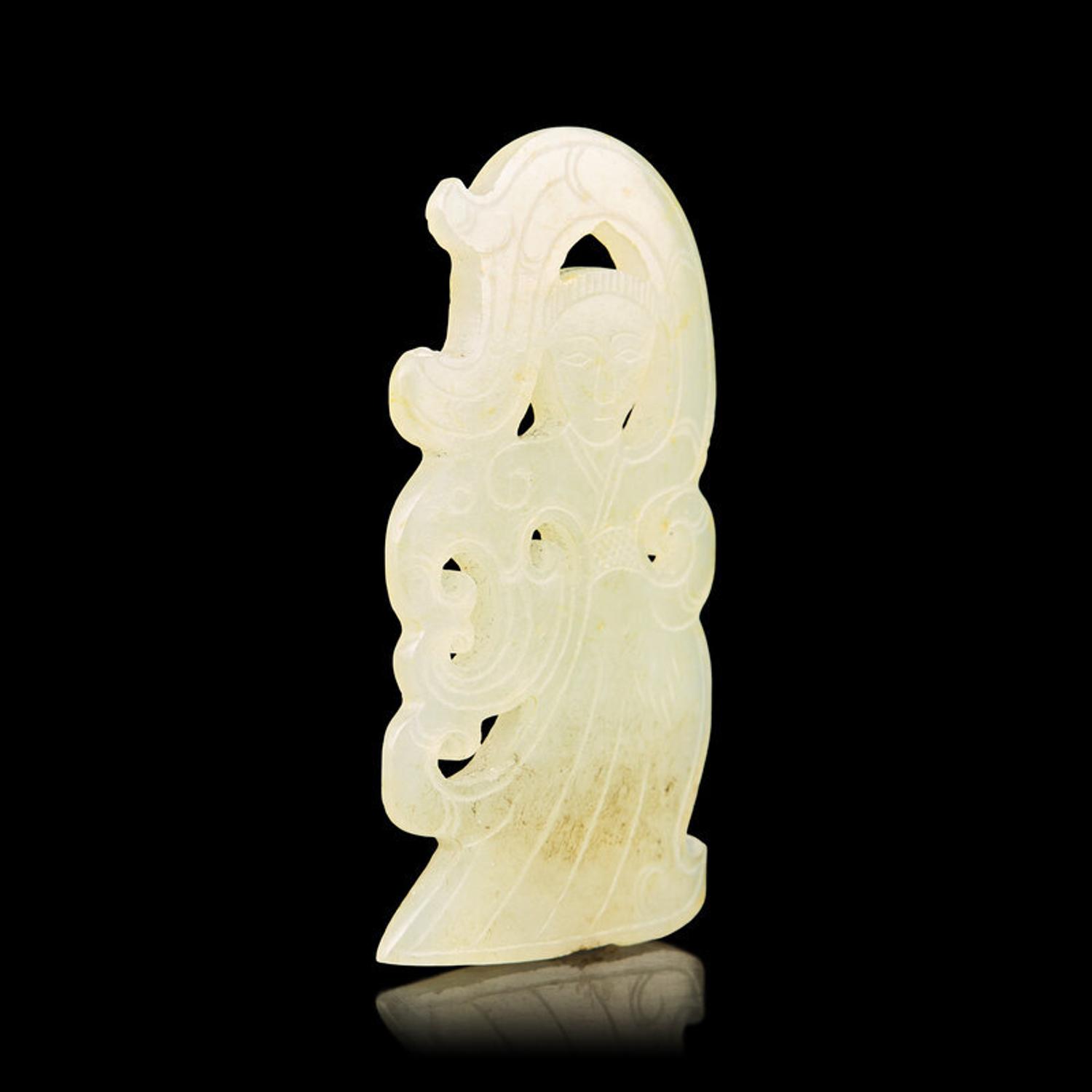 A Rare Chinese White Jade Dancing Figural Pendant, Western Han Dynasty 西漢 雙面白玉舞人珮