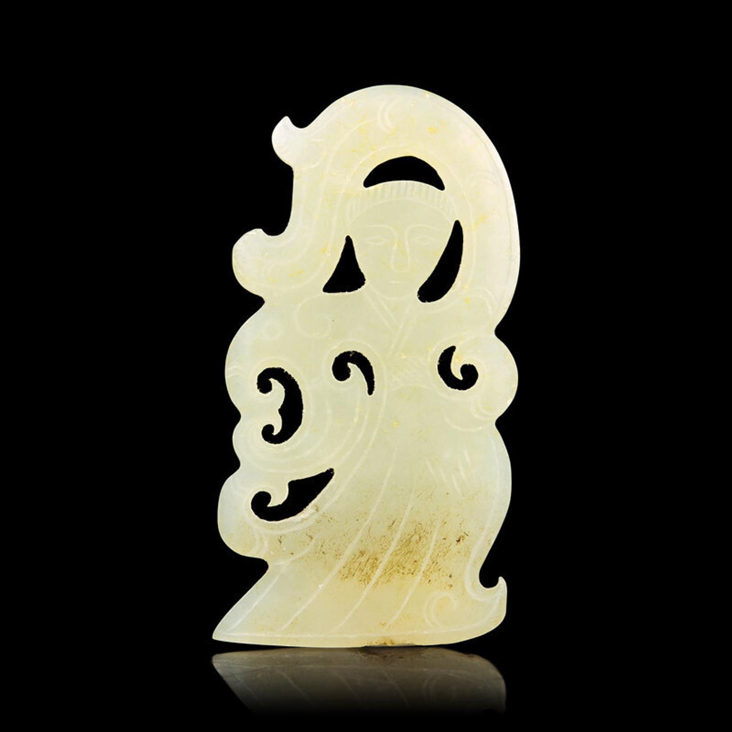 A Rare Chinese White Jade Dancing Figural Pendant, Western Han Dynasty 西漢 雙面白玉舞人珮