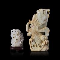 Two Chinese Jade Carvings, Qing Dynasty and Later 清-近代 青白玉雕鯉魚化龍花瓶及白玉山子各一
