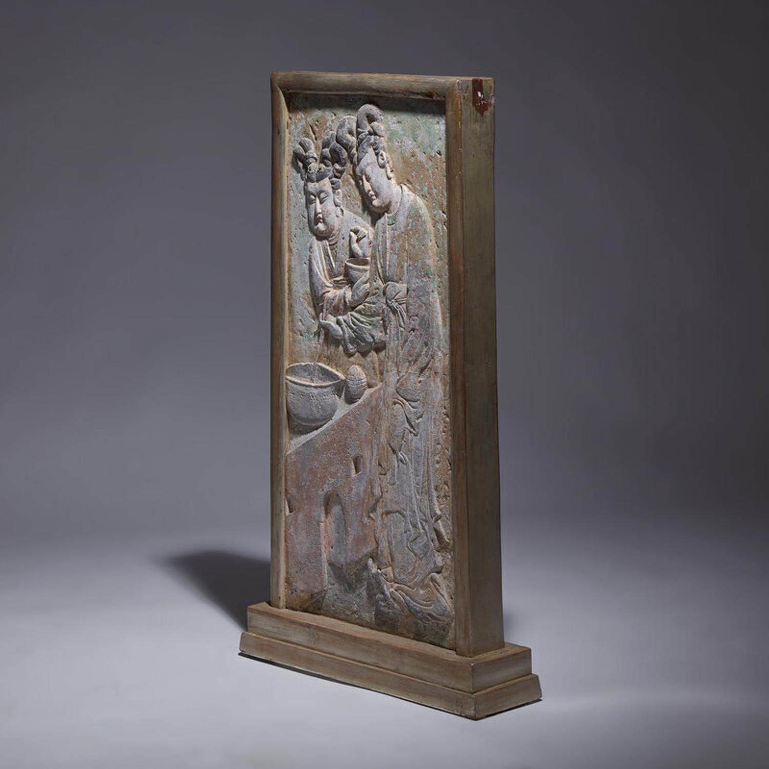 A Rare Chinese Carved and Painted 'Court Ladies' Relief Brick Panel, Late Tang Dynasty-Five Dynasties and Ten Kingdoms 晚唐-五代 彩繪磚雕侍女圖