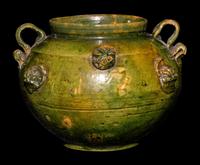 A Chinese Green Glazed Porcelain Jar 綠釉繫帶貼花小罐