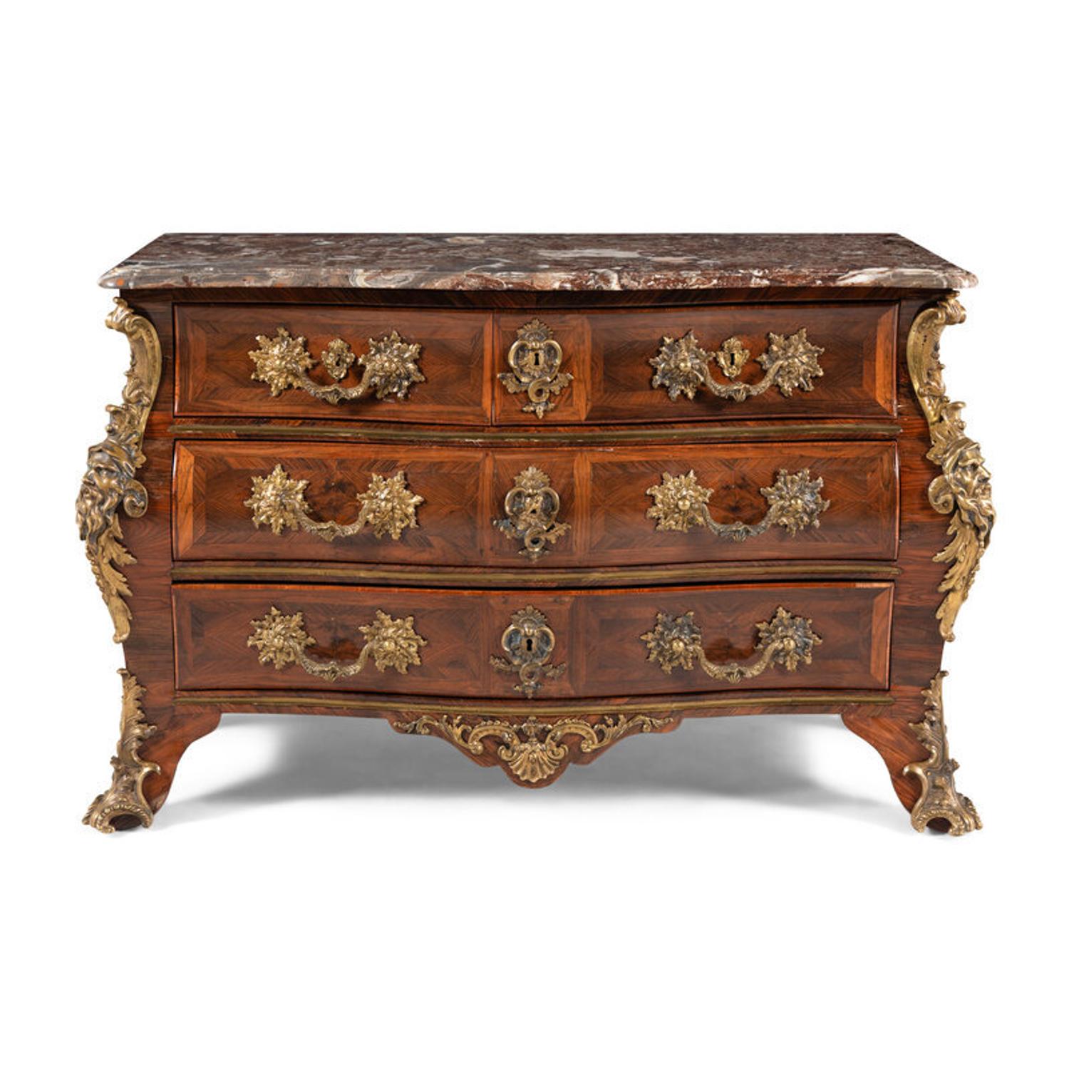 A Louis XV Gilt Bronze Mounted Marble-Top Kingwood Commode