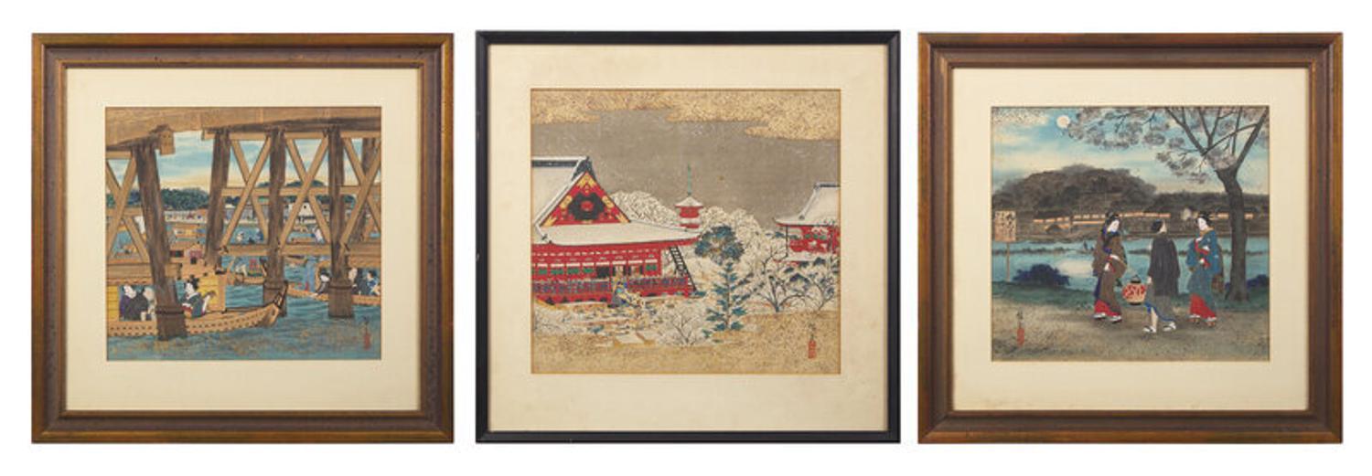 Utagawa Hiroshige III (Japanese, 1842-1894), Three Painted Album Leaves