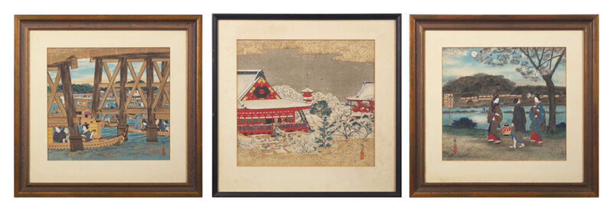 Utagawa Hiroshige III (Japanese, 1842-1894), Three Painted Album Leaves