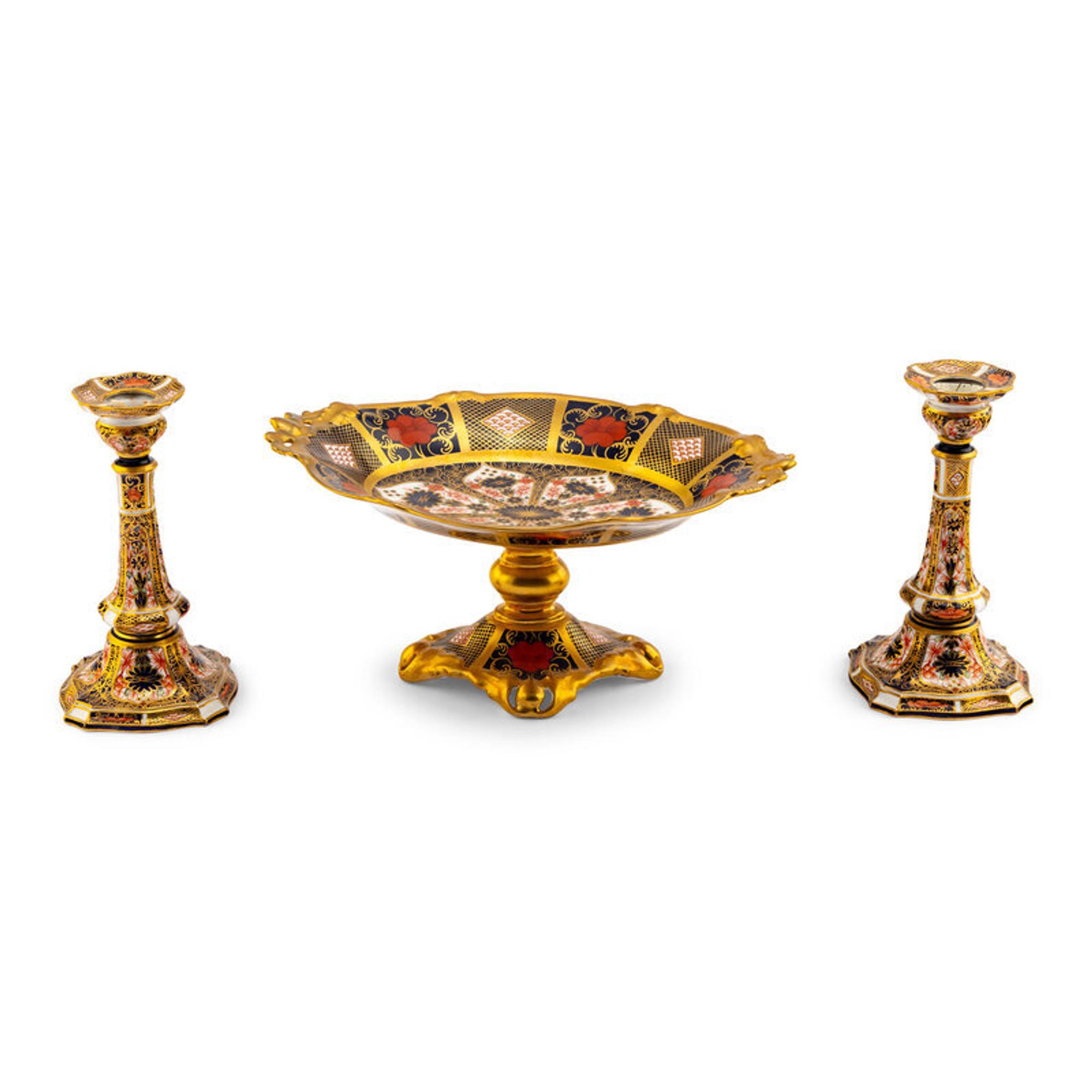 A Pair of Royal Crown Derby Imari Porcelain Candlesticks and a Tazza