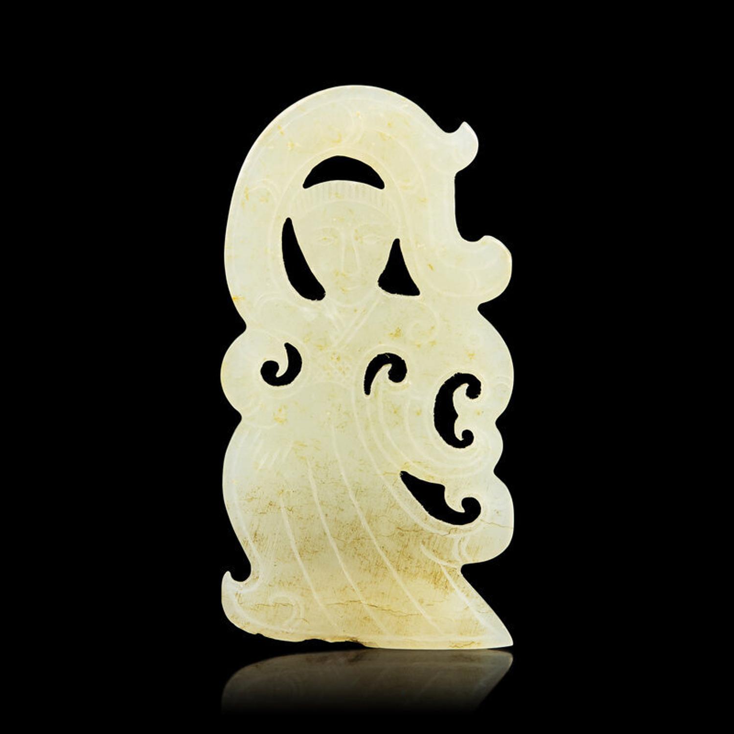 A Rare Chinese White Jade Dancing Figural Pendant, Western Han Dynasty 西漢 雙面白玉舞人珮