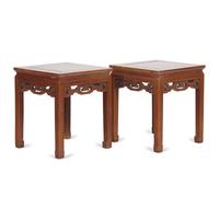 A Pair of Chinese Huanghuali Square Stools, Fangdeng, Qing Dynasty 清 黃花梨有束腰透雕拐子龙纹方凳一對