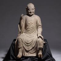 A Large Chinese Carved Wood Seated Figure of Luohan, Ming Dynasty 明 木雕大羅漢像