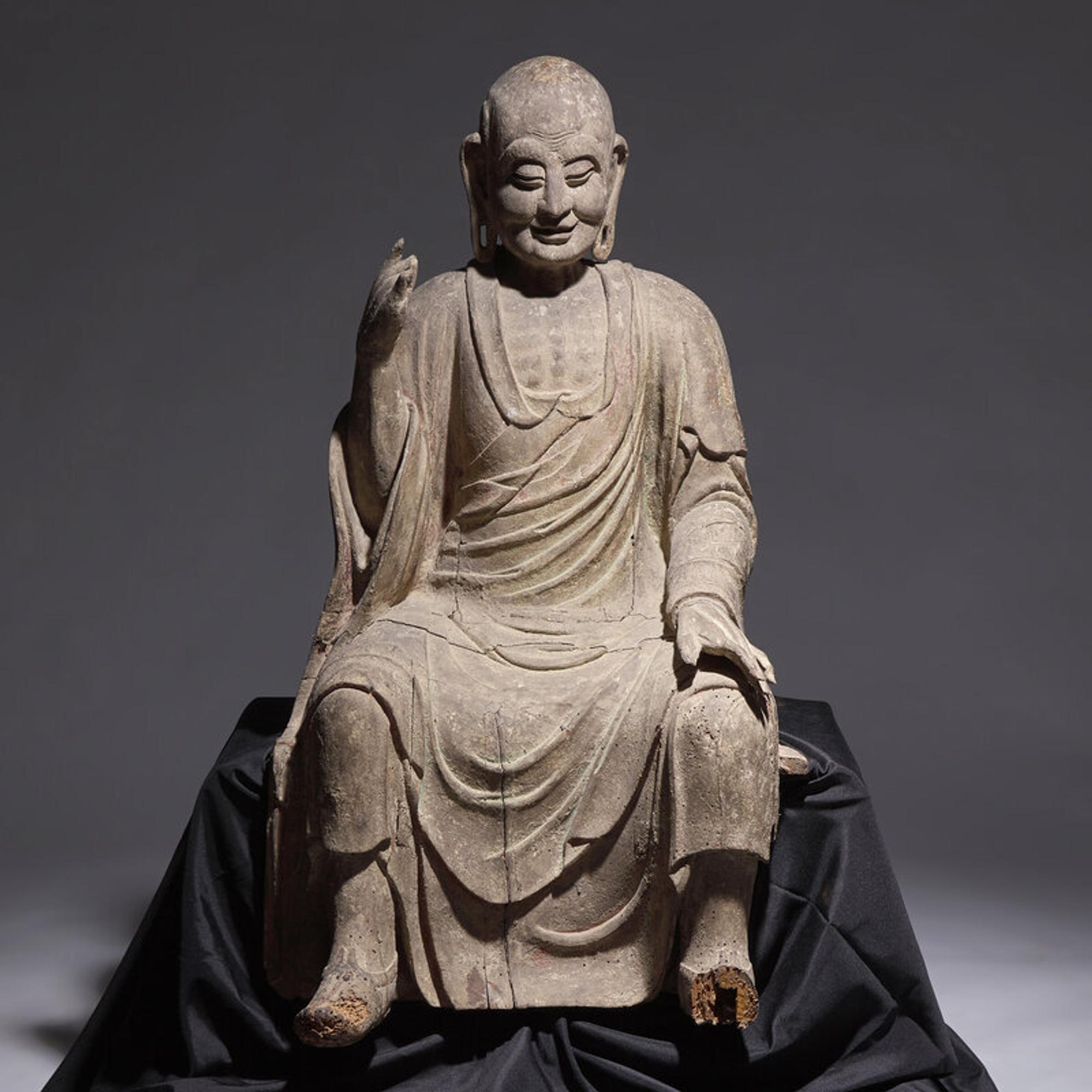 A Large Chinese Carved Wood Seated Figure of Luohan, Ming Dynasty 明 木雕大羅漢像