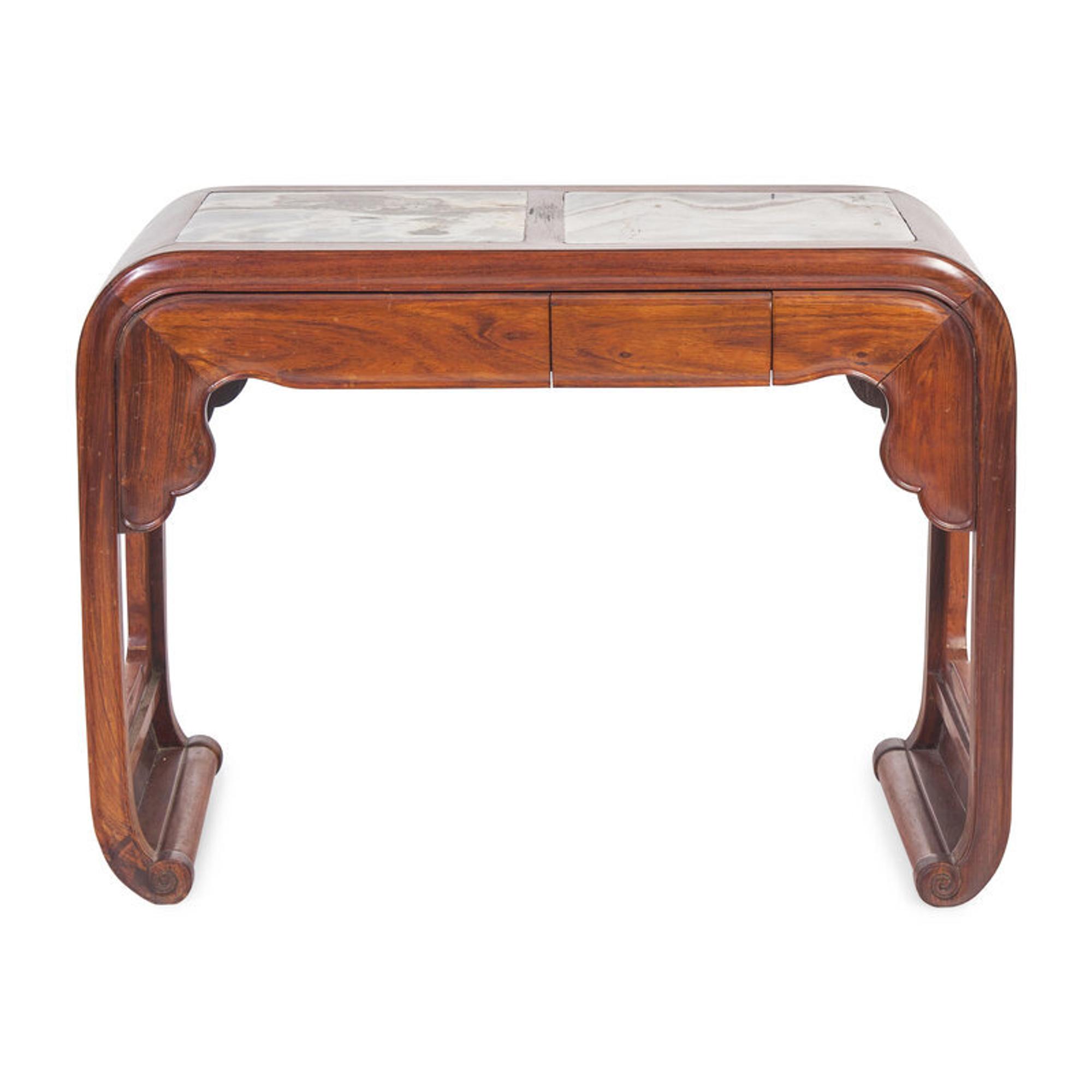 A Chinese Marble Inset Ironwood Game Table, 19th/Early 20th Century 清晚期 鐵力木嵌大理石書卷式條案