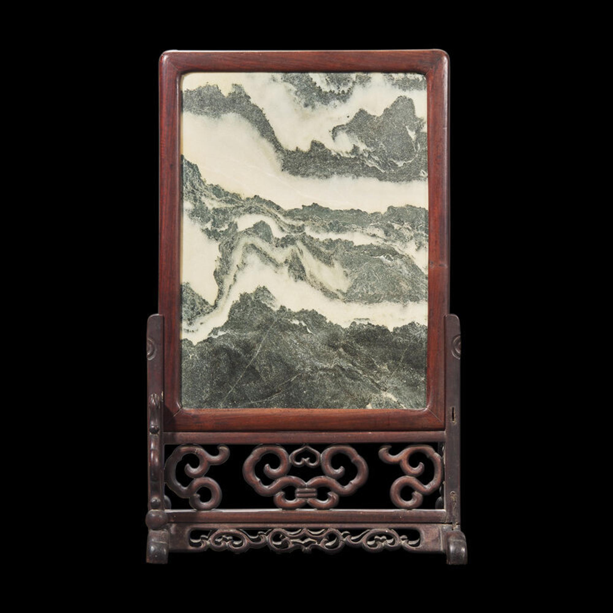 A Chinese "Dali" Marble Inset Carved Hardwood Table Screen, 19th Century or Later 晚清-民國 酸枝木大理石插屏