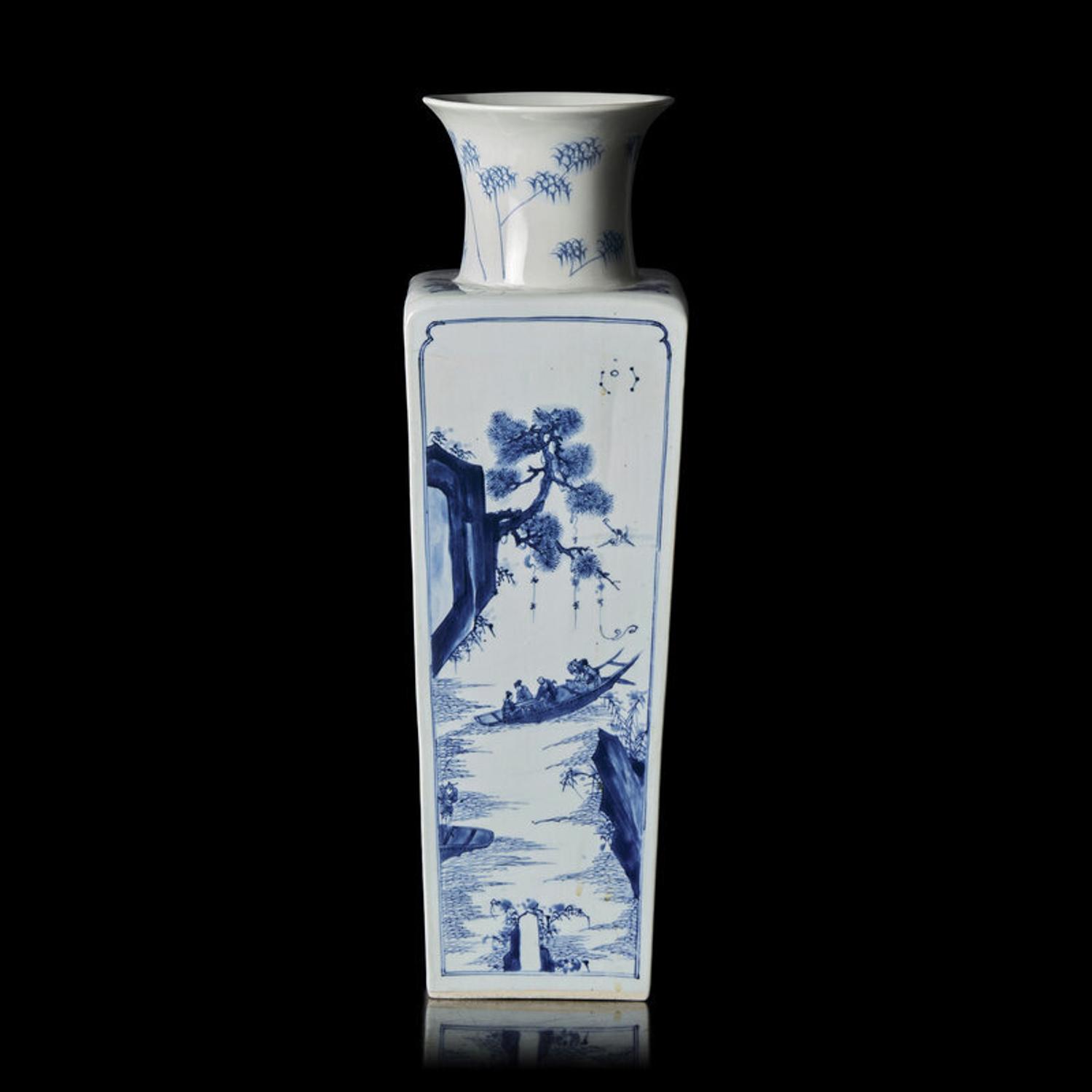 A Chinese Blue and White 'Odes on the Red Cliff' Square Vase, Kangxi Mark and od The Period, Circa 1690s 清康熙 青花赤壁賦山水詩文四方瓶