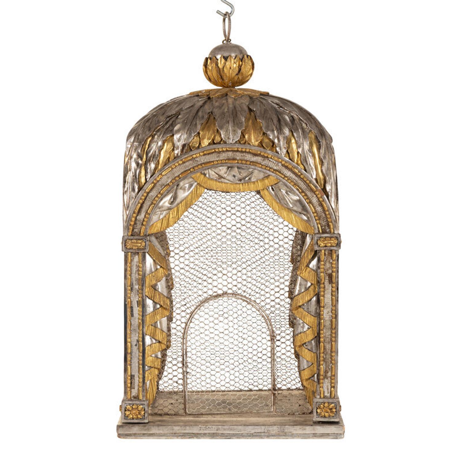 A Neoclassical Silvered and Parcel Gilt Birdcage or Hall Lantern