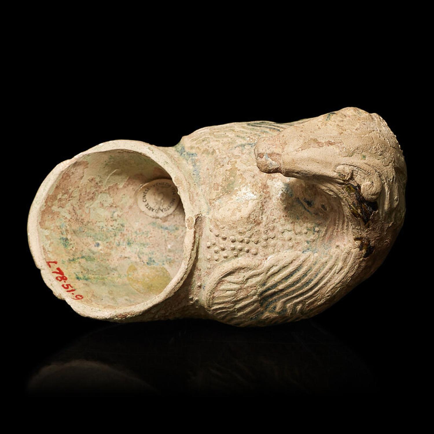 A Chinese Green Glazed Pottery 'Parrot' Rhyton Cup, Tang Dynasty 唐 綠釉鸚鵡杯
