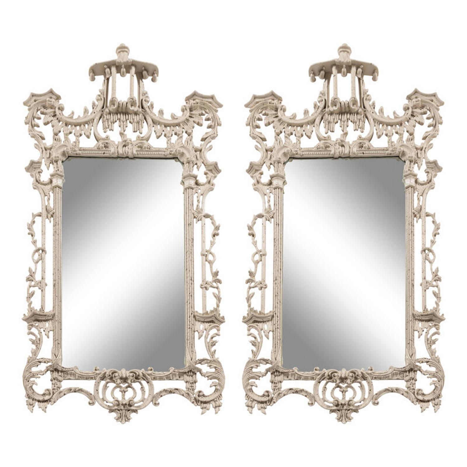 A Pair of Chinese Chippendale Style White-Painted Pier Mirrors