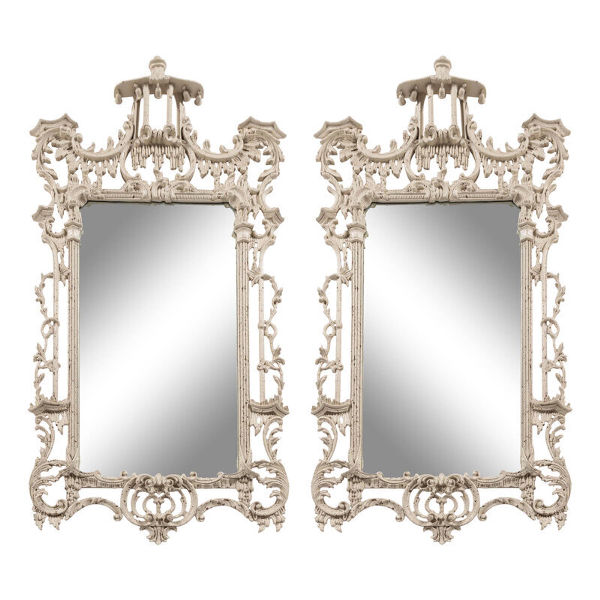 A Pair of Chinese Chippendale Style White-Painted Pier Mirrors