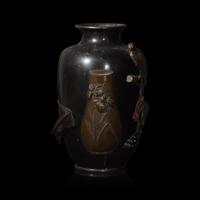 A Japanese Mixed Metal Vase with Hawk, Elephant, and Censer, Seiya Company, Meiji/Taisho Period 日本明治/大正時期 誠谷作鷹象銅瓶