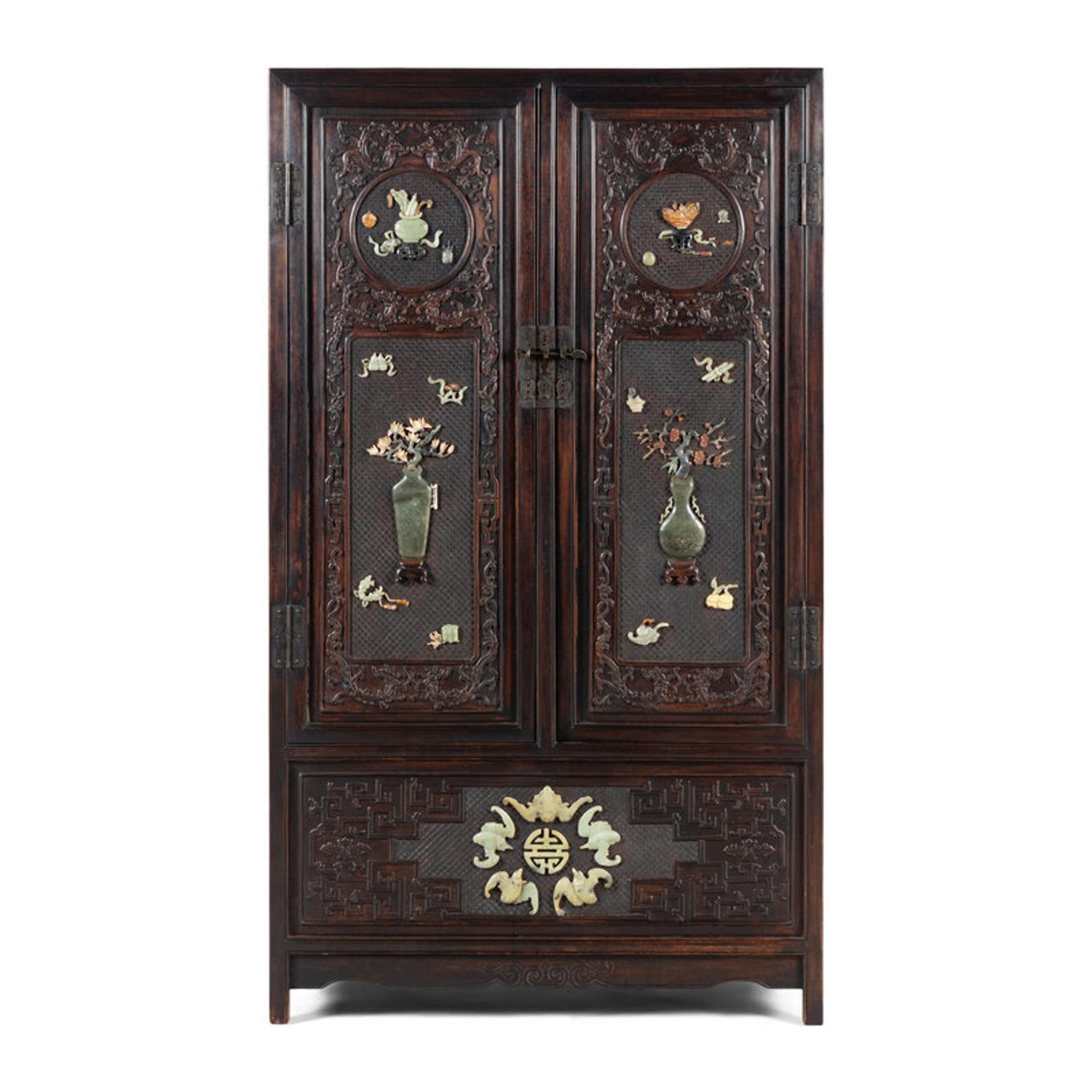 A Chinese Hardwood Jade and Hardstone Inset Square-Corner Cabinet, Fangjiaogui, 20th Century 近代 黑漆硬木嵌寳博古圖方角櫃
