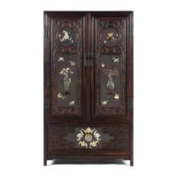 A Chinese Hardwood Jade and Hardstone Inset Square-Corner Cabinet, Fangjiaogui, 20th Century 近代 黑漆硬木嵌寳博古圖方角櫃
