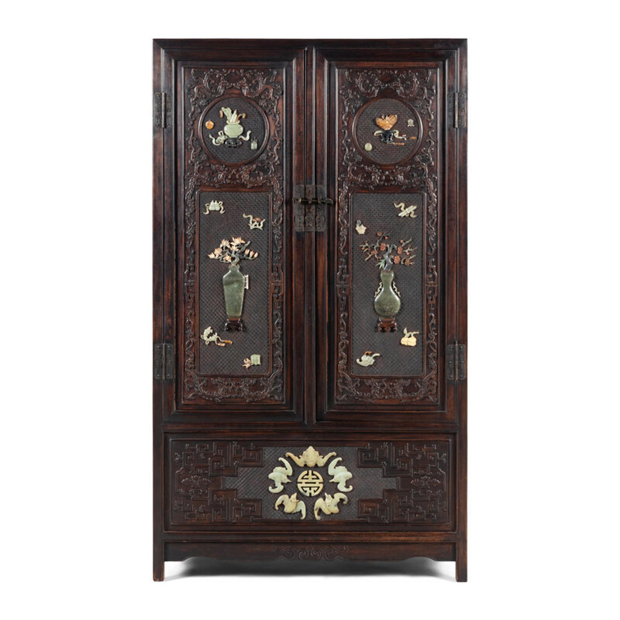 A Chinese Hardwood Jade and Hardstone Inset Square-Corner Cabinet, Fangjiaogui, 20th Century 近代 黑漆硬木嵌寳博古圖方角櫃