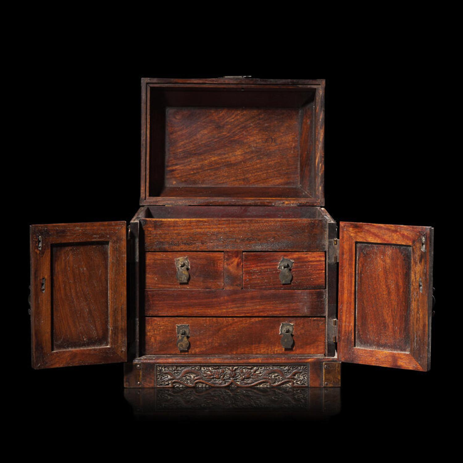 A Small Chinese Carved Hardwood Seal Chest 硬木雕雲龍紋官皮箱