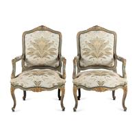 A Pair of Italian Rococo Style Painted and Parcel Gilt Armchairs