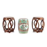 A Pair of Chinese Burlwood Top Hardwood Garden Stools and a Famille Rose Porcelain Garden Stool, Gudeng, 20th Century 近代 鼓凳一組三件