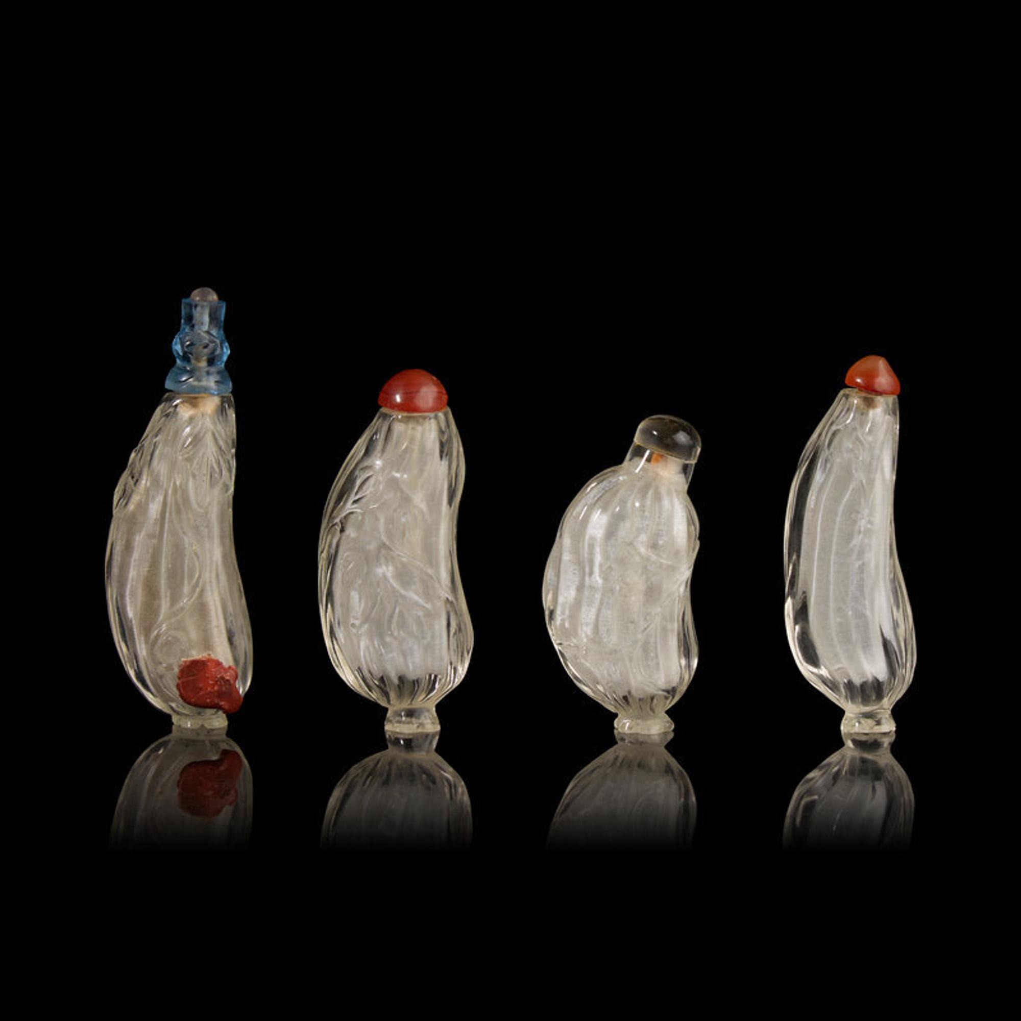 Four Chinese Rock Crystal 'Melon' Snuff Bottles, 19th-20th Century 晚清-民國 水晶雕瓜形鼻煙壺四支
